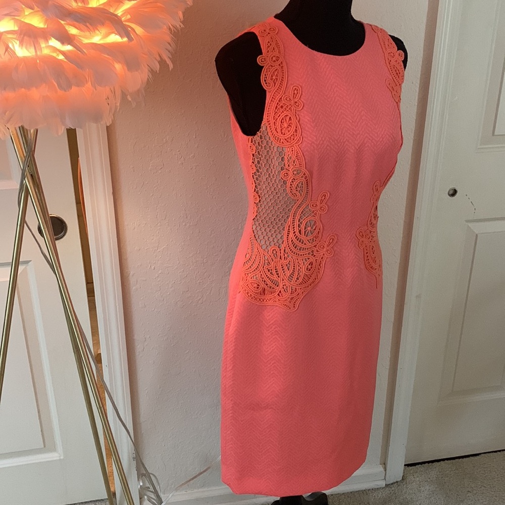 Antonio Melanie - Peach/Orange Dress-with Nude Lining, Jacquard & Lace Detail